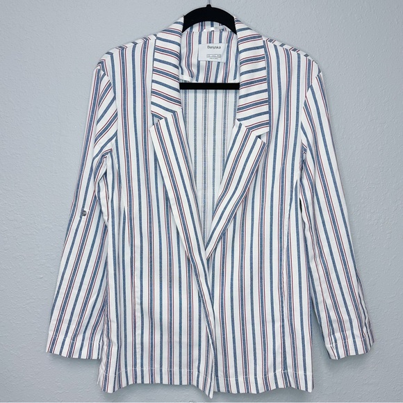 BERSHKA Woman’s Summer Blazer Linen Pinstripe Preppy lightweight Casual SMALL - Picture 2 of 4